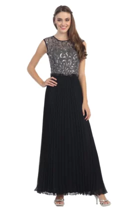 Eureka Fashion - 2066 Sequined Illusion Cap Sleeve Pleated Dress