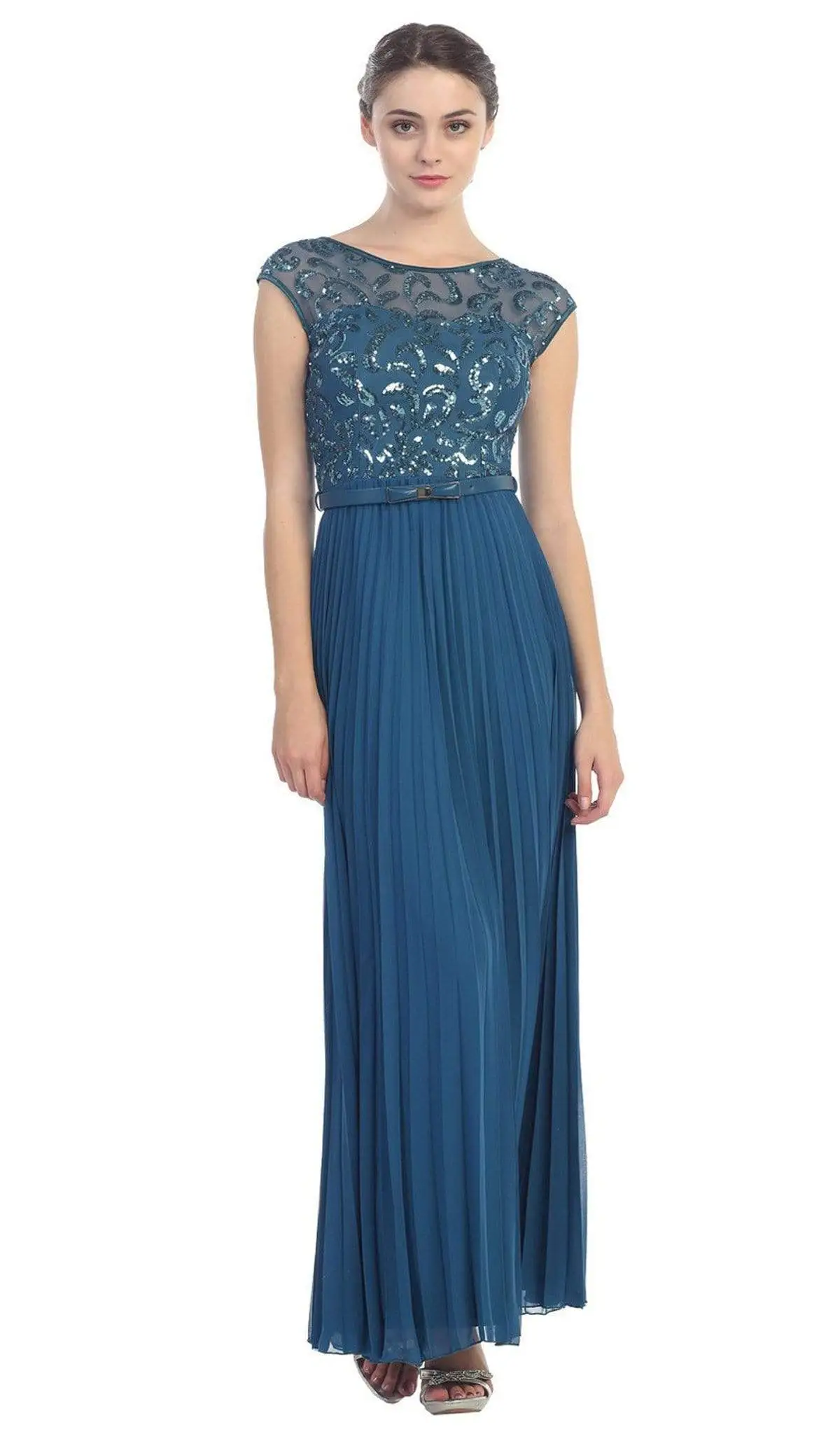 Eureka Fashion - 2066 Sequined Illusion Cap Sleeve Pleated Dress 6 Eureka Fashion - 2066 Sequined Illusion Cap Sleeve Pleated Dress - Image 6