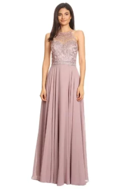 Eureka Fashion - 8111 Illusion Halter Embroidered Bodice A-Line Dress