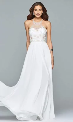 Faviana - 10043 Floral Beaded Illusion Halter A-Line Dress