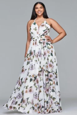 Faviana - 9431 Floral Print V-neck A-line Dress