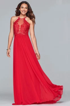 Faviana - S10203 Lace Applique Illusion Halter Evening Dress