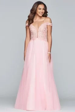 Faviana - S10229 Beaded Deep V-neck Tulle Ballgown