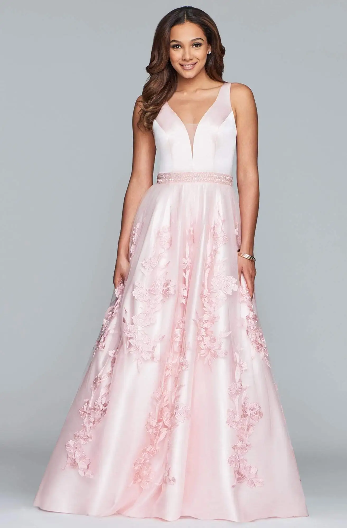 Faviana - S10230 Sleeveless Deep V-neck Satin Tulle Applique Ballgown 1 Faviana - S10230 Sleeveless Deep V-neck Satin Tulle Applique Ballgown