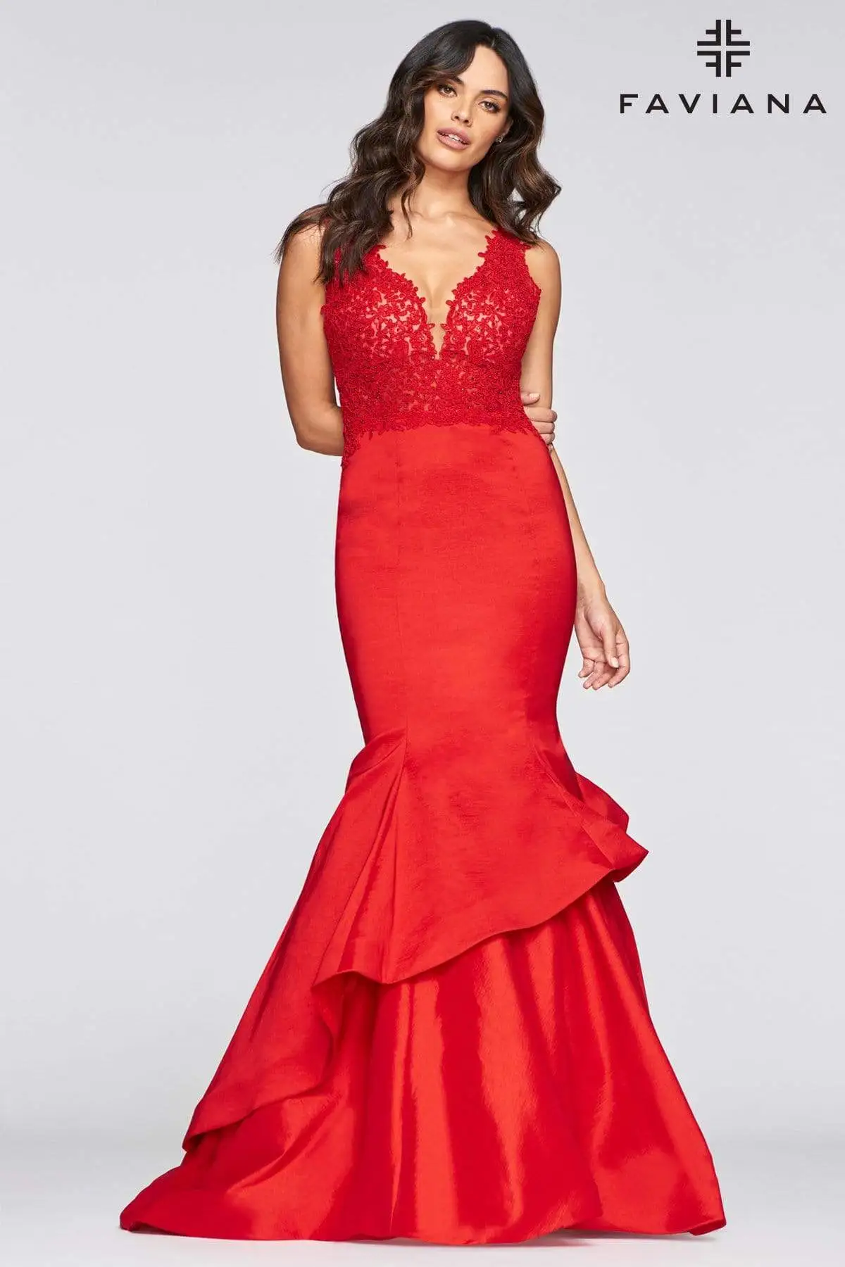 Faviana - S10242E Lace Bodice Structured Asymmetrical Tiered Gown 7 Faviana - S10242E Lace Bodice Structured Asymmetrical Tiered Gown - Image 7
