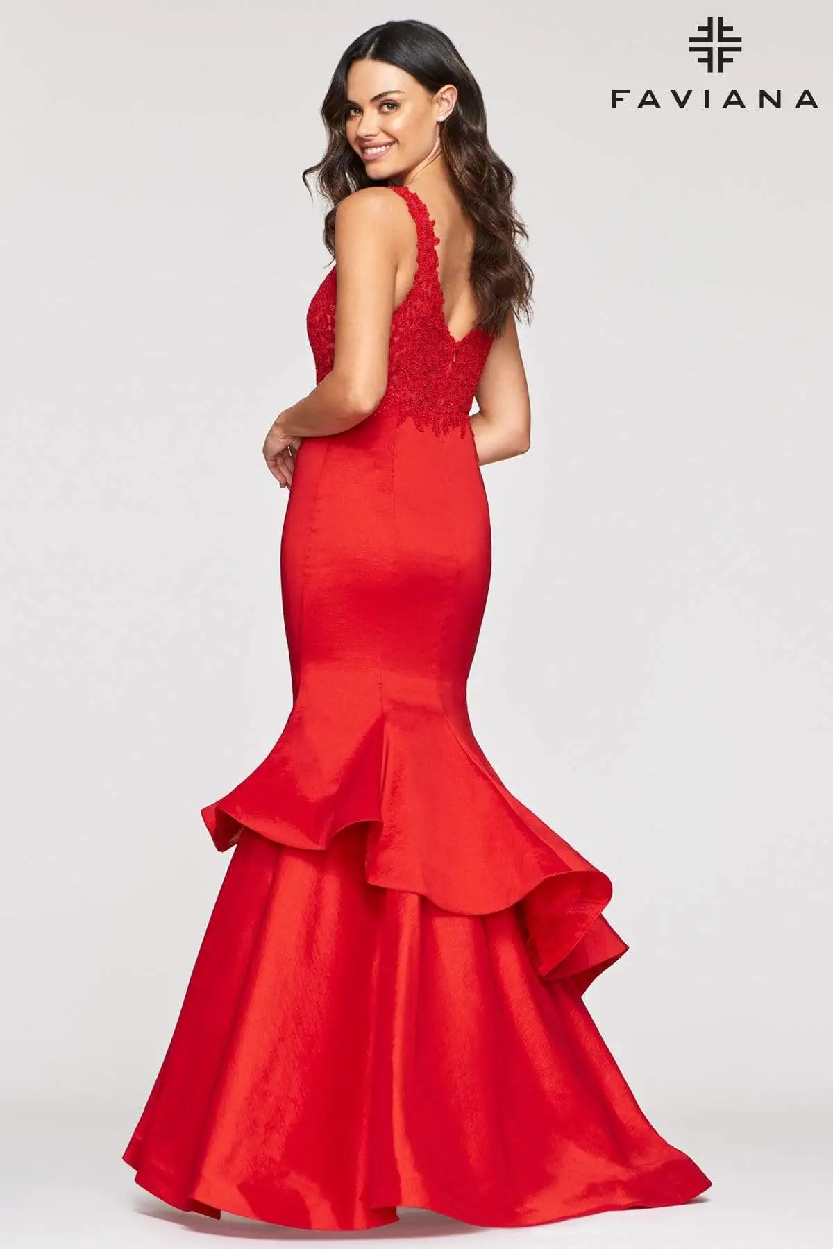 Faviana - S10242E Lace Bodice Structured Asymmetrical Tiered Gown 6 Faviana - S10242E Lace Bodice Structured Asymmetrical Tiered Gown - Image 6