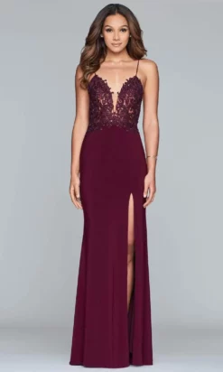 Faviana - S10275 Applique Deep V-neck Jersey Fitted Dress