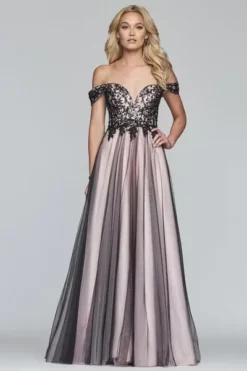 Faviana - S10290 Beaded Lace Off-Shoulder Evening Gown