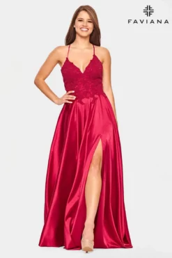 Faviana - S10400 Beaded Lace V Neck Flowy Satin Gown -Hot Sale WEDDING Store faviana s10400 beaded lace v neck flowy satin gown prom dresses 00 red 31527679197267