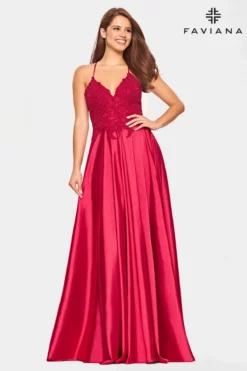 Faviana - S10400 Beaded Lace V Neck Flowy Satin Gown -Hot Sale WEDDING Store faviana s10400 beaded lace v neck flowy satin gown prom dresses 31527679262803