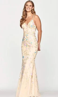 Faviana - S10653 Floral Sequined V Neck Long Gown