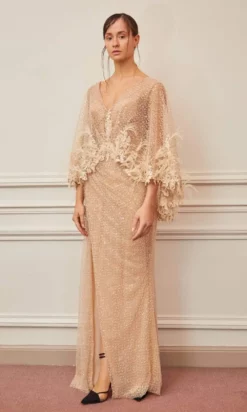 Gatti Nolli Couture - OP-5328 Feather Accent Capelet Fully Beaded Gown