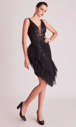 Gatti Nolli Couture - OP5749 Plunging Neck Embellished Short Dress