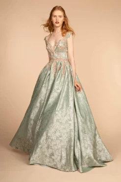 GLS By Gloria - GL2540 Floral Embroidered Deep V-neck Ballgown