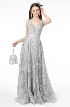 GLS By Gloria - GL2835 Embellished Lace Deep V-Neck A-Line Gown