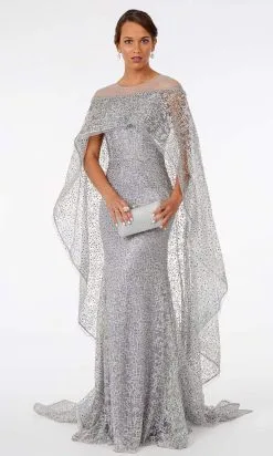 GLS By Gloria - GL2977 Embellished Lace Dress With Attached Cape