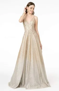 GLS By Gloria - GL2992 Glitter Ombre Deep V-Neck A-Line Gown