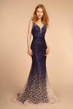GLS By Gloria - Trailing Floral Ombre Mermaid Gown GL2556 - 1 Pc Navy Purple In Size S Available