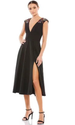 Ieena Duggal 55690 - Cap Sleeved Plunging V Neck Dress