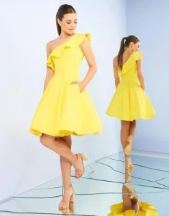 Ieena Duggal - One Shoulder Ruffled Neckline A-Line Dress 26099I - 1 Pc. Lemon In Size 6 Available
