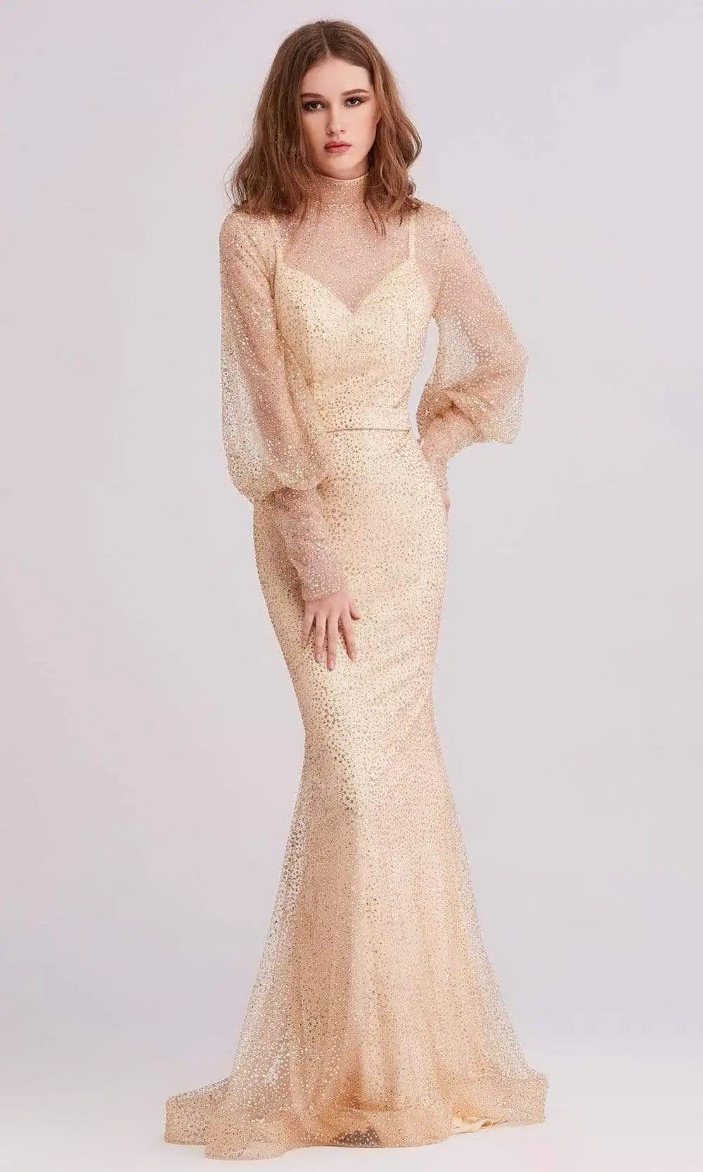 J'Adore Dresses - J15027 High Neck Bishop Sleeve Glittered Gown 1 J'Adore Dresses - J15027 High Neck Bishop Sleeve Glittered Gown