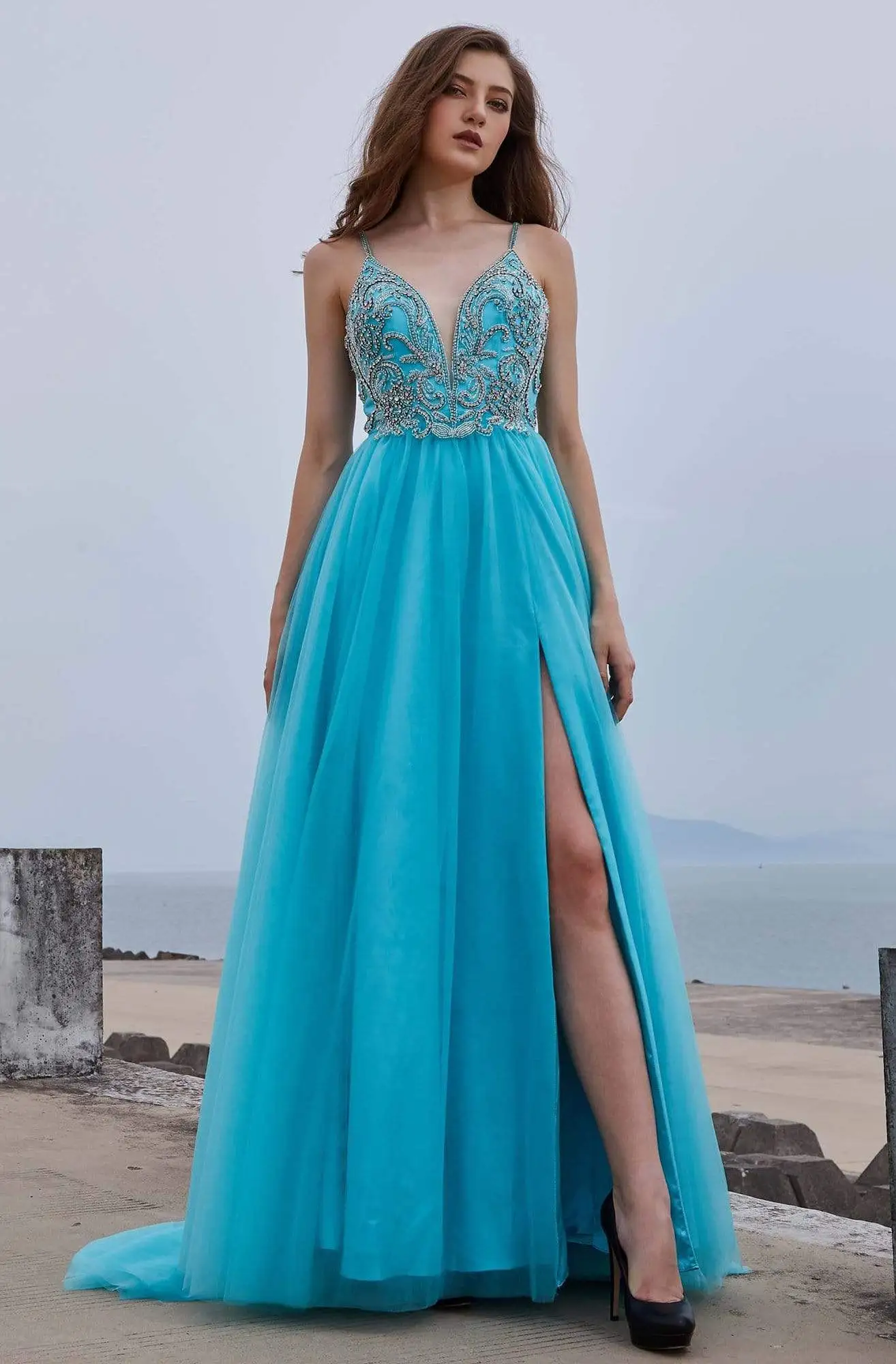 J'Adore Dresses - J16022 Beaded Deep V-neck A-line Gown 1 J'Adore Dresses - J16022 Beaded Deep V-neck A-line Gown