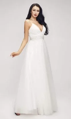 J'Adore Dresses - J17015 Plunging Neck Beaded Tulle Gown