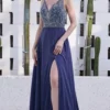 J'Adore Dresses - JM103 V-Neck Crystal Beaded Bodice Chiffon A-Line Gown