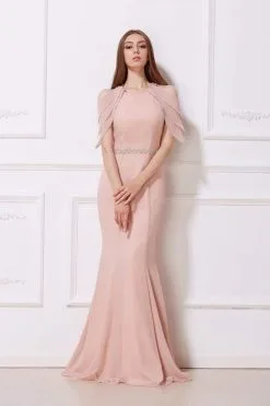 J'Adore Dresses - J12019 Draped Cold Shoulder Long Mermaid Gown