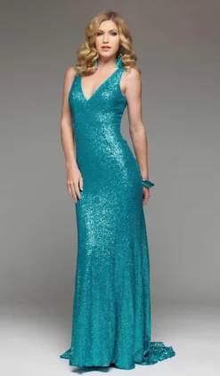 J'Adore Dresses - J4023 Sequined Deep V-neck Trumpet Dress With Train