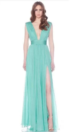 J'Adore Dresses - J7100 Deep Plunge V Neck High Slit Soft Chiffon Gown