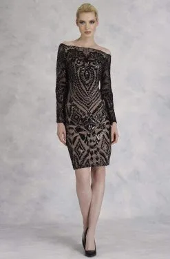 Janique - JA3023 Sequined Long Sleeve Off-Shoulder Sheath Dress