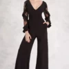 Janique - K6598 Long Sleeve V-neck Jumpsuit