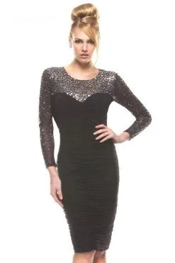Janique - Ruched Jersey Dress With Beaded Mesh Long Sleeves 1341