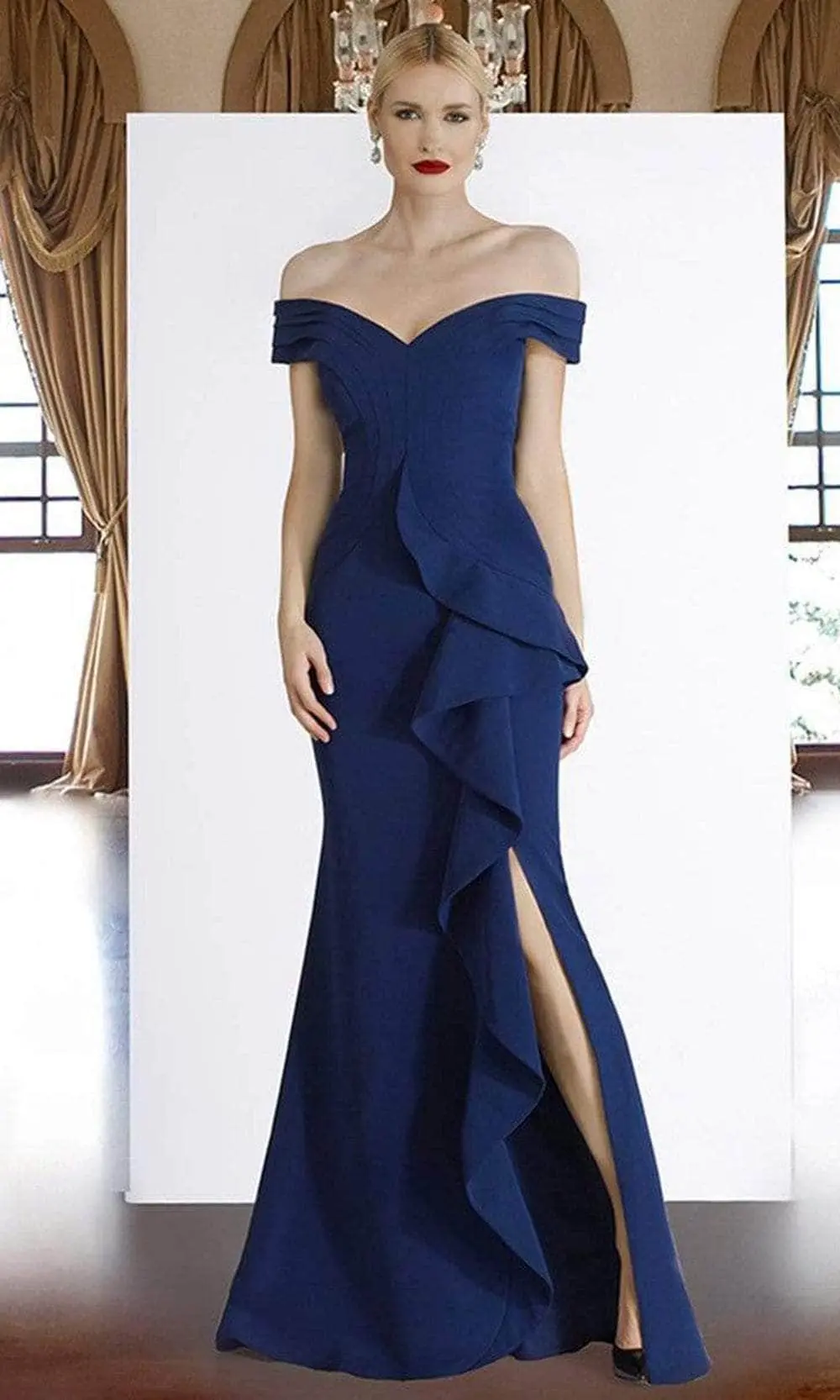 Janique - V-Neck Pleated Trumpet Evening Gown K6876 - 1 Pc Navy In Size 14 Available 1 Janique - V-Neck Pleated Trumpet Evening Gown K6876 - 1 Pc Navy In Size 14 Available