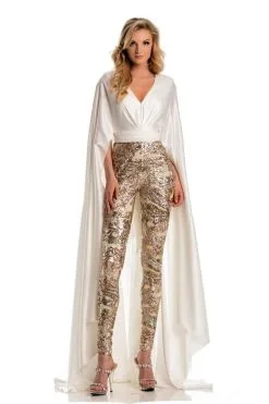 Johnathan Kayne Cape Sleeve Metallic Sequin Jumpsuit 8053 - 1 Pc Champagne/White In Size 6 Available