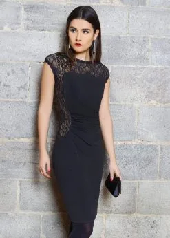 Jolibel - 216002 Lace Cap Sleeves Ruched Dress