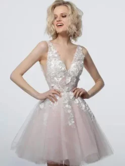 Jovani - 63987 Floral Appliqued A-Line Cocktail Dress -Hot Sale WEDDING Store jovani 63987 floral appliqued a line cocktail dress cocktail dresses 00 off white blush 11058287444051