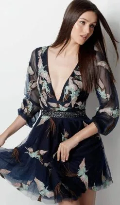 Jovani - 65464 Quarter Length Sleeve Plunging Neck Cocktail Dress