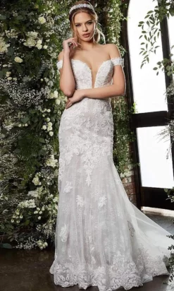 Jovani Bridal - JB07266 Lace Plunging Off Shoulder Trumpet Bridal Gown