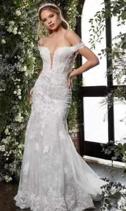 Jovani Bridal - JB07266 Lace Plunging Off Shoulder Trumpet Bridal Gown -Hot Sale WEDDING Store jovani bridal jb07266 lace plunging off shoulder trumpet bridal gown bridal dresses 28309140734035