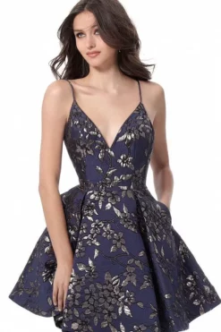 JVN By Jovani - JVN61889 Floral Detailed Plunging V-neck Pleated A-line Dress