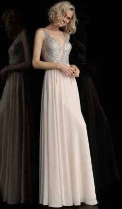 JVN By Jovani - JVN62409 Embellished Deep V-neck Long A-line Dress