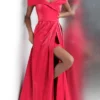 JVN By Jovani - JVN64244 Off-Shoulder Pleated A-line Dress With Slit And Train