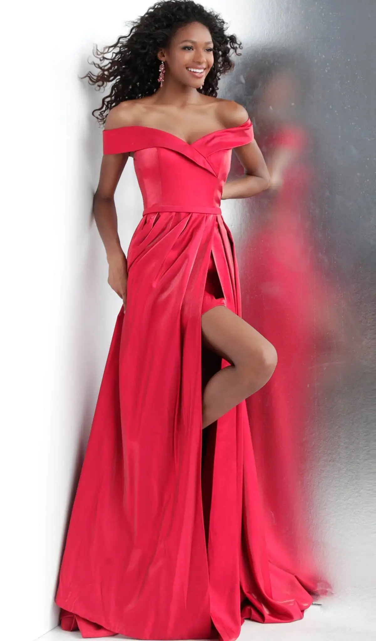 JVN By Jovani - JVN64244 Off-Shoulder Pleated A-line Dress With Slit And Train 1 JVN By Jovani - JVN64244 Off-Shoulder Pleated A-line Dress With Slit And Train