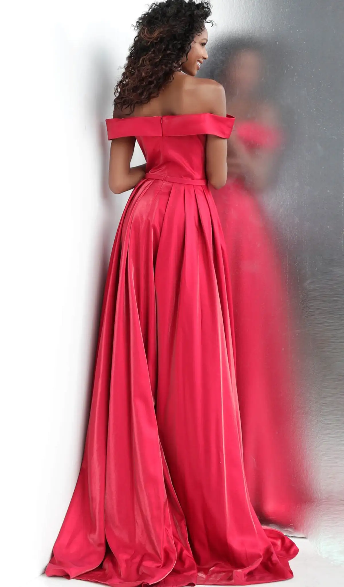 JVN By Jovani - JVN64244 Off-Shoulder Pleated A-line Dress With Slit And Train 2 JVN By Jovani - JVN64244 Off-Shoulder Pleated A-line Dress With Slit And Train - Image 2