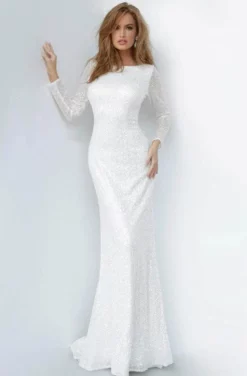 Jovani - Long Sleeve Glitter Evening Dress 2927SC - 1 Pc White In Size 0 Available