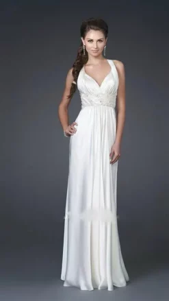 La Femme - 15418 Pleated And Beaded V-Neck A-line Gown