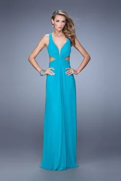 La Femme - 21006 Gorgeous V-Neckline Strappy Cutout Back Evening Gown -Hot Sale WEDDING Store la femme 21006 gorgeous v neckline strappy cutout back evening gown special occasion dress 00 peacock 5511433519161