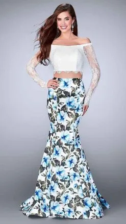 La Femme 24281SC Off-Shoulder Two-Piece Floral Gown - 1 Pc Blue/Multi In Size 6 Available